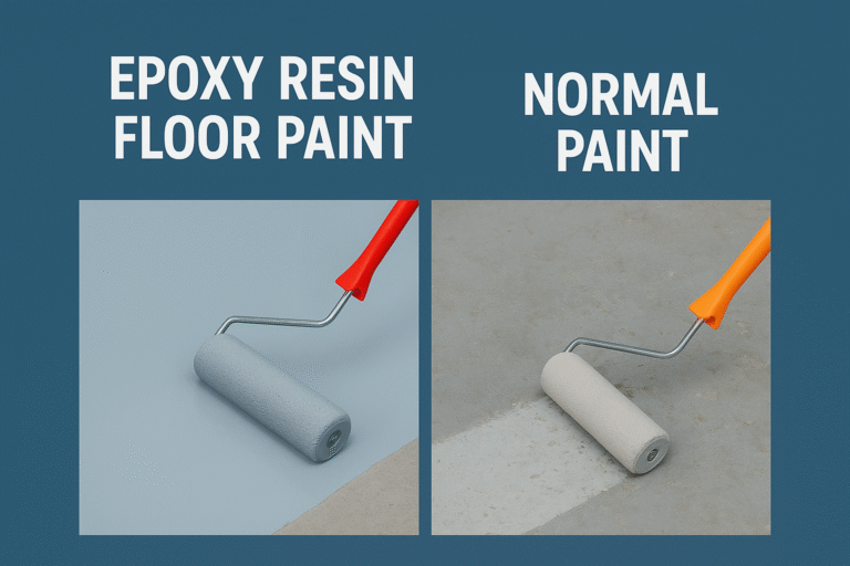 Comparison between epoxy resin floor paint and normal paint showing glossy, smooth epoxy finish versus dull, worn regular paint.