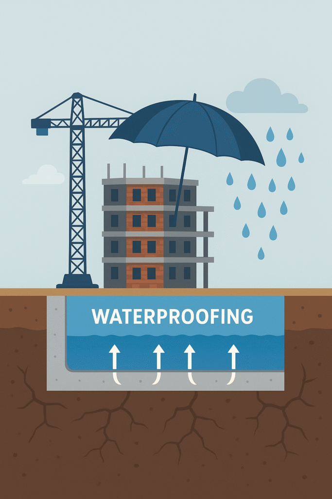 Illustration of a building under construction protected from rain by an umbrella, with waterproofing applied to the foundation, highlighting the importance of waterproofing in Indian construction projects. Konshield Construction Chemicals.