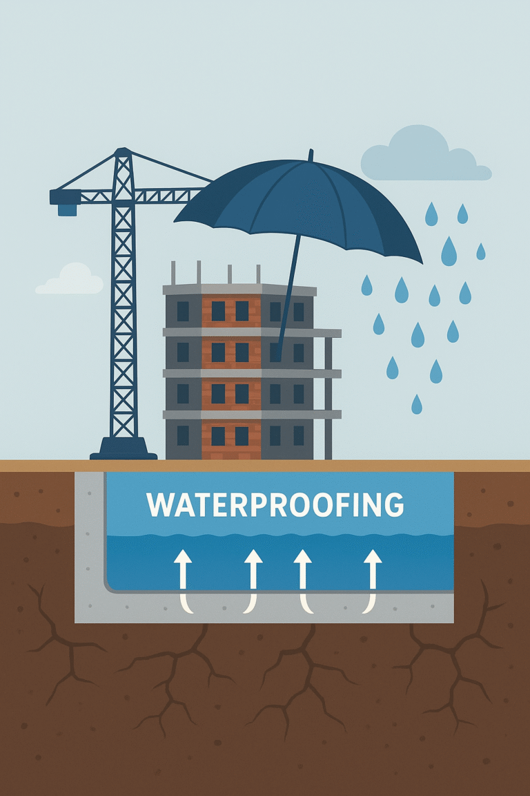 Illustration of a building under construction protected from rain by an umbrella, with waterproofing applied to the foundation, highlighting the importance of waterproofing in Indian construction projects. Konshield Construction Chemicals.