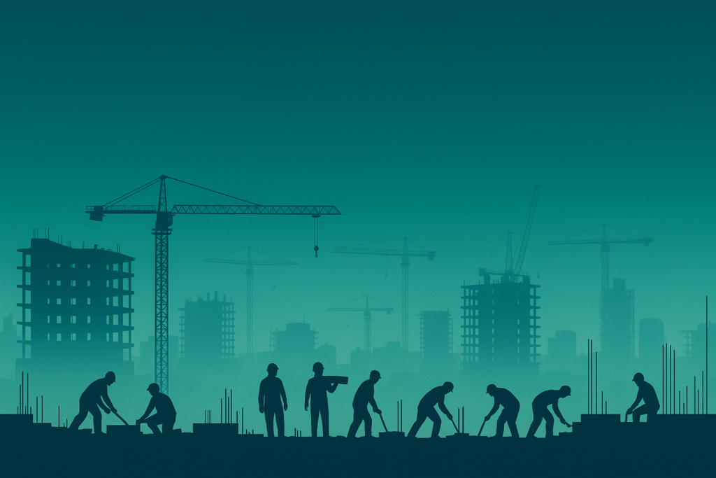 “Construction site with workers, cranes, and high-rise structures under development.”